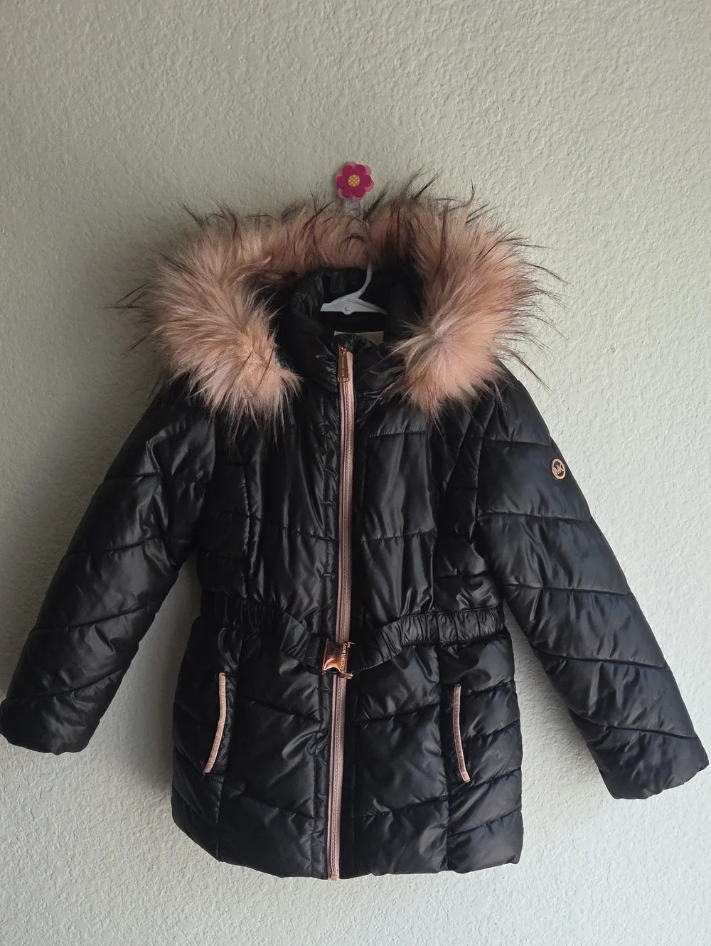 Michael Kors Black Puffer Coat with Pink Faux-Fur Hood Trim
